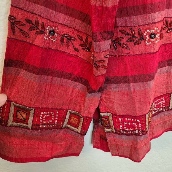 Chico's Design Shirt Womens Medium Red Silk Embroidered Beaded Button Up Casual - Picture 9 of 12